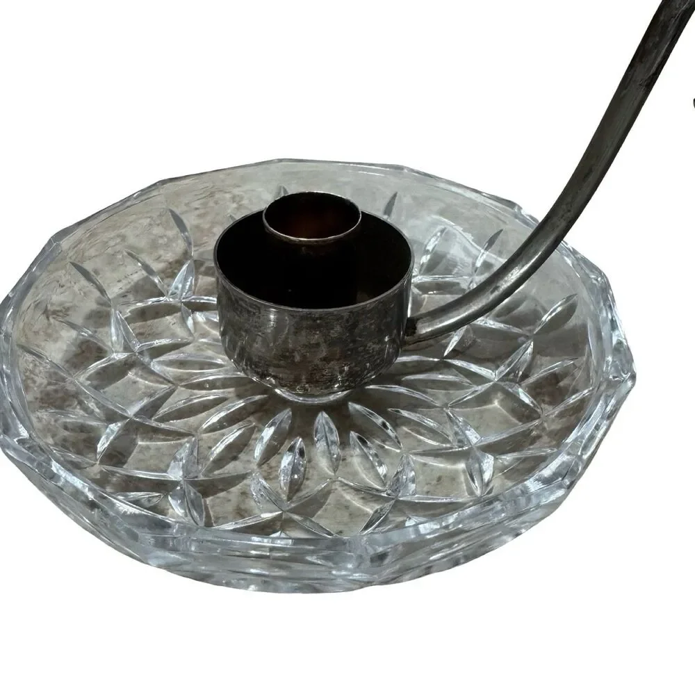 Silver plated Candle Holder 5” Cut Glass‎ Trinket Dish VTG Antique With Handle